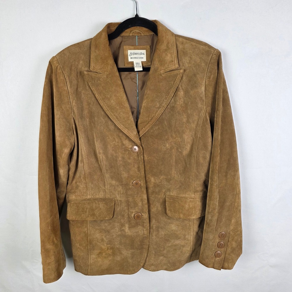 St Johns Bay Womens Washable Suede Blazer Tan Brown Leather Jacket Large L